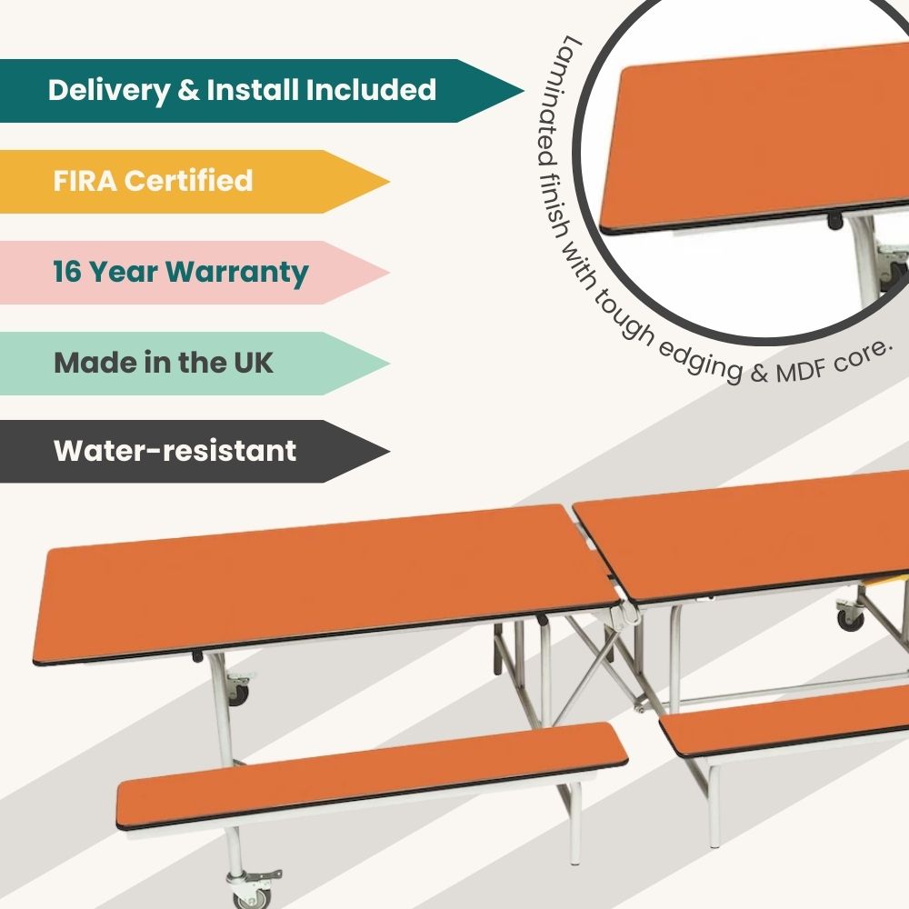Orange laminated bench canteen table with folding benches, highlighting delivery, warranty, and UK-made features.
