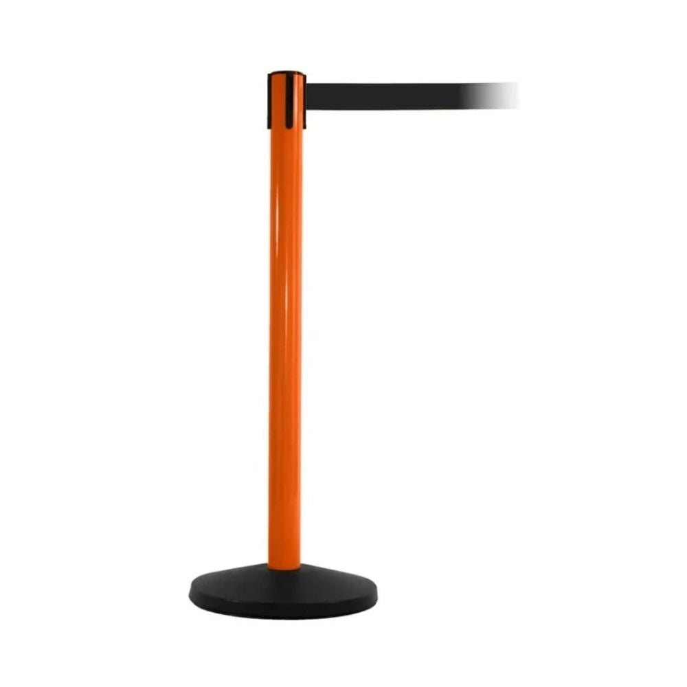 Bright orange stanchion with black belt, used to guide pedestrian flow in public or event environments.