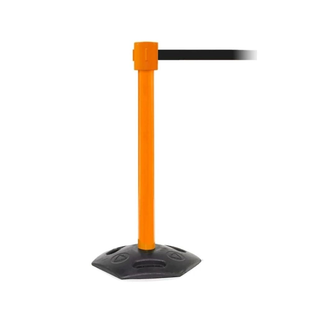 Orange stanchion with black retractable belt and hexagonal base for high-visibility queue management.