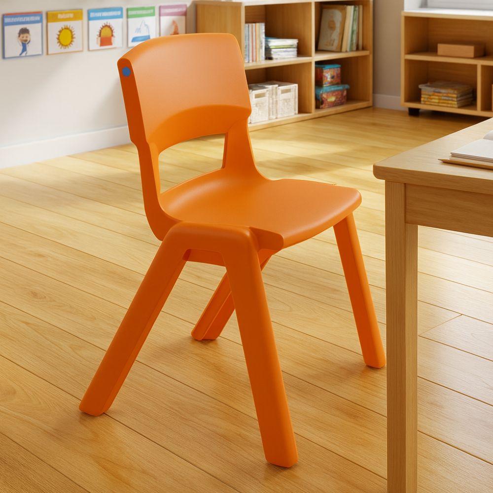A vibrant orange school chair on honey-toned wooden flooring in a well-lit primary classroom with educational posters and wooden shelving.