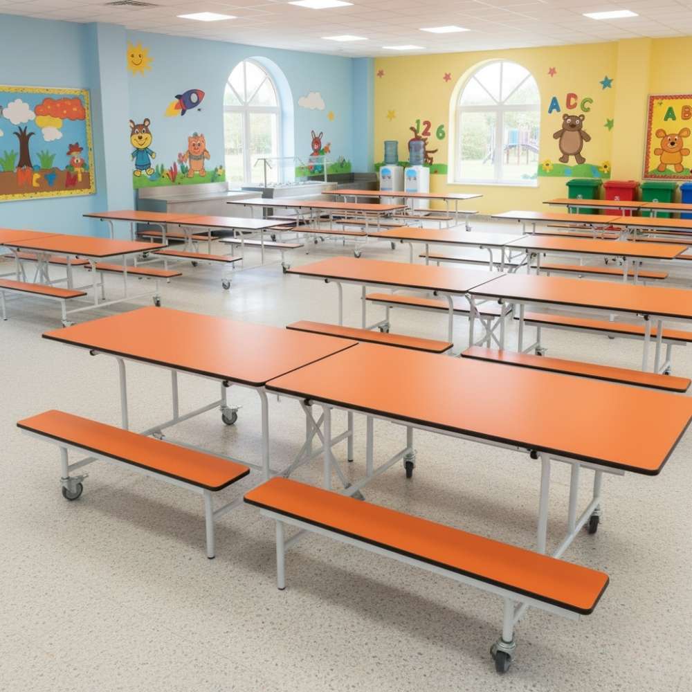 Bright orange folding canteen tables with attached benches on wheels, set in a lively primary school dining room with cheerful wall murals, educational displays, and arched windows.