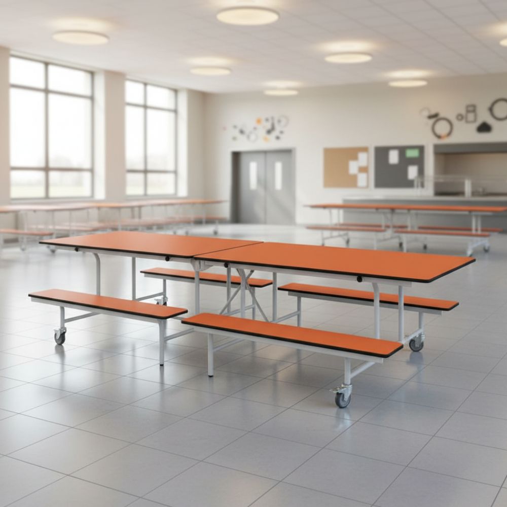 Orange top folding canteen tables with attached benches arranged in a school dining area, lit by large windows and fitted with modern ceiling lights.