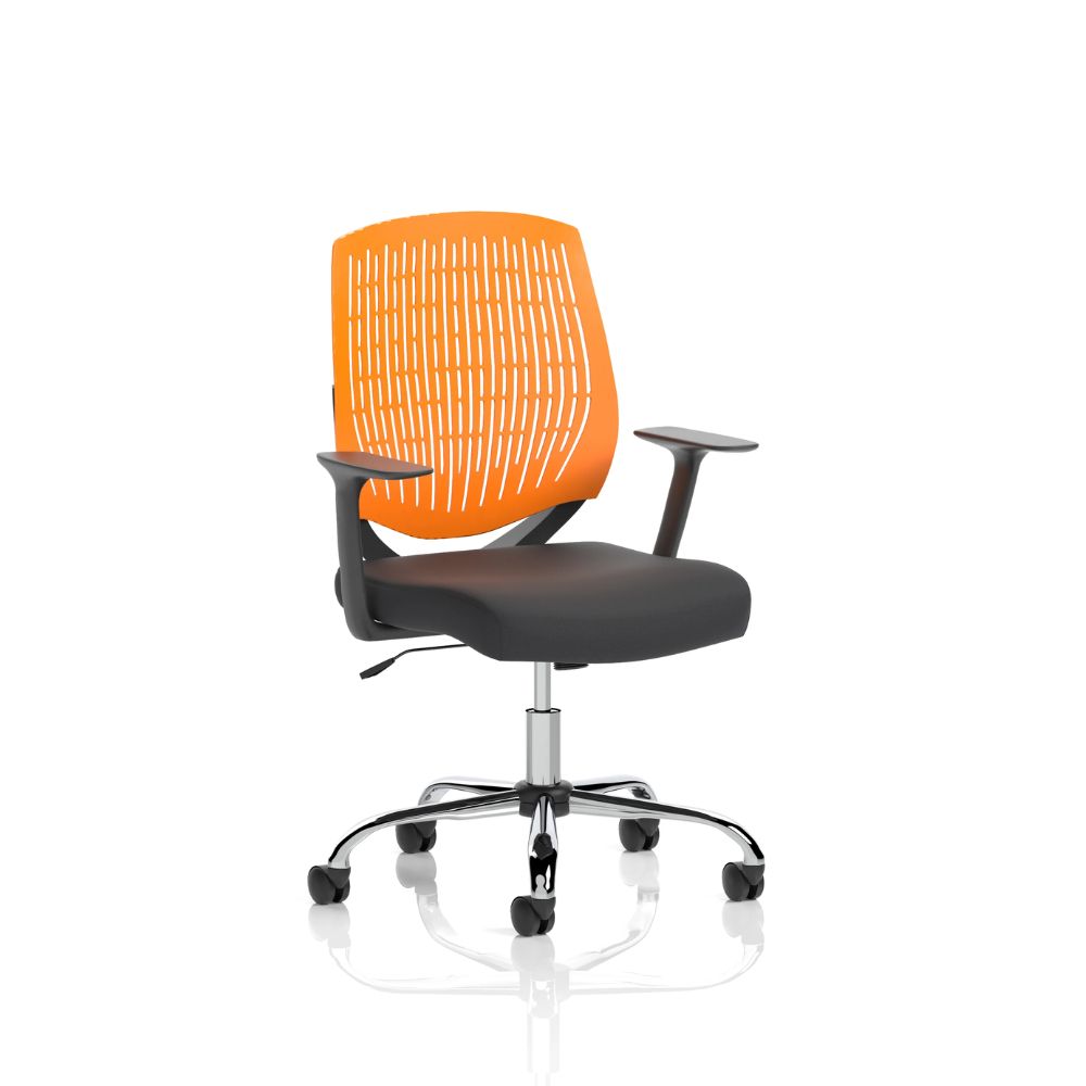 Orange modern office chair with ventilated slatted backrest, padded seat, armrests and chrome five-star wheeled base isolated on a white background.