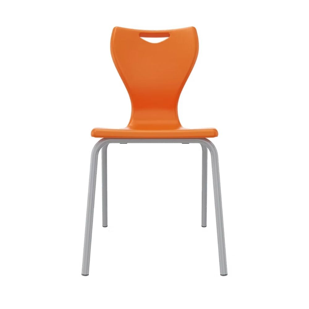 A bright orange student chair engineered for optimal postural alignment, featuring a unique rear leg extension to prevent leaning back in class.