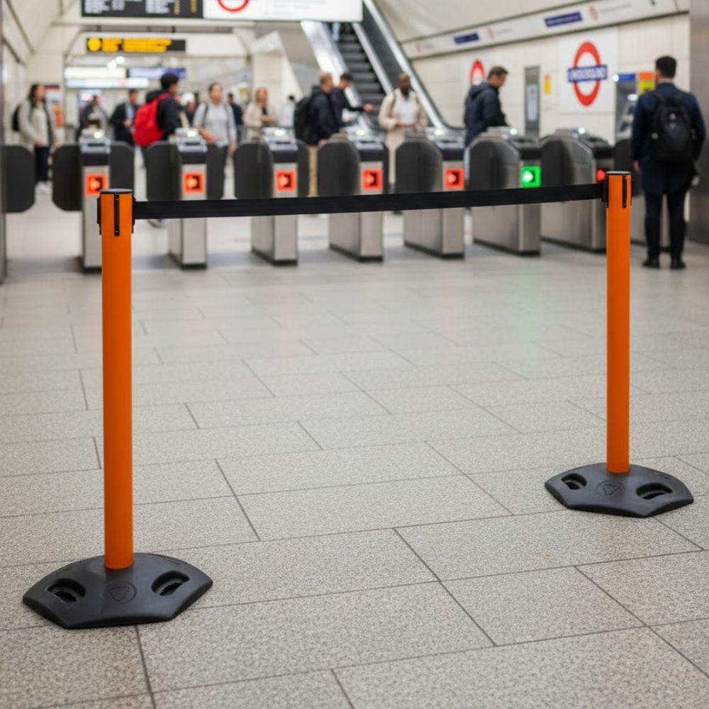 Orange retractable belt barrier installed in an underground station, used to manage passenger queues, control access to ticket gates and guide foot traffic in transport hubs and metro systems.