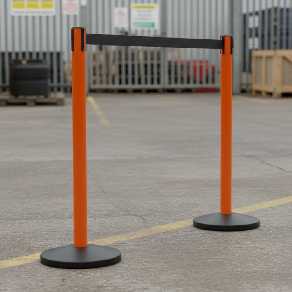 Orange retractable belt barrier with a black belt positioned in an outdoor industrial setting, used to restrict access, create temporary exclusion zones and improve safety in warehouses, yards, loading bays, depots and operational work areas.