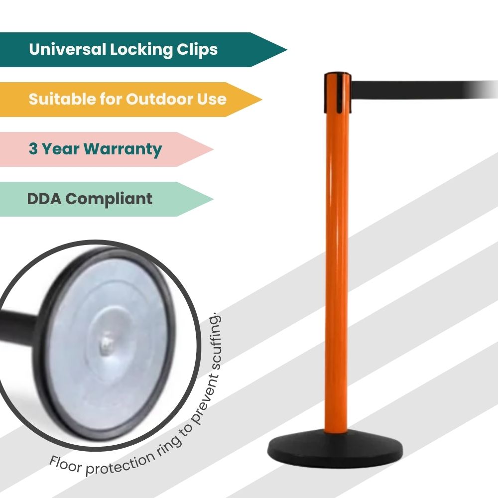 Orange stanchion with black belt and anti-scuff base ring, suitable for outdoor crowd control setups.