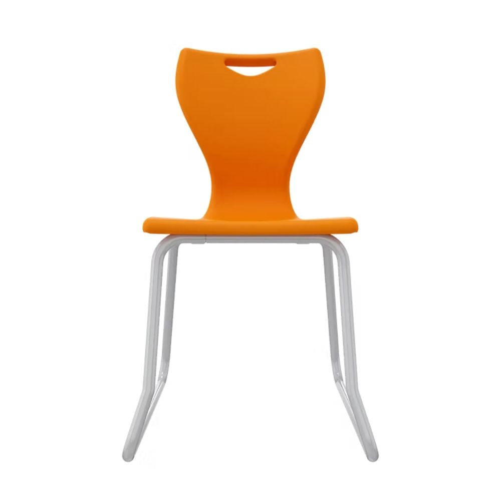 A vibrant orange secondary school chair for ages 14 plus, featuring a high-grade polypropylene shell and a safety-angled steel skid base to prevent floor damage.