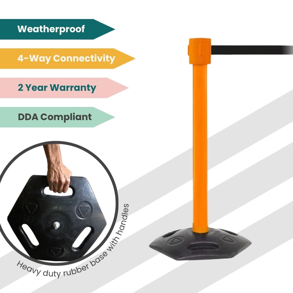 Orange stanchion with black belt and rubber base, featuring belt brake and 4-way connectivity for safety and crowd control.