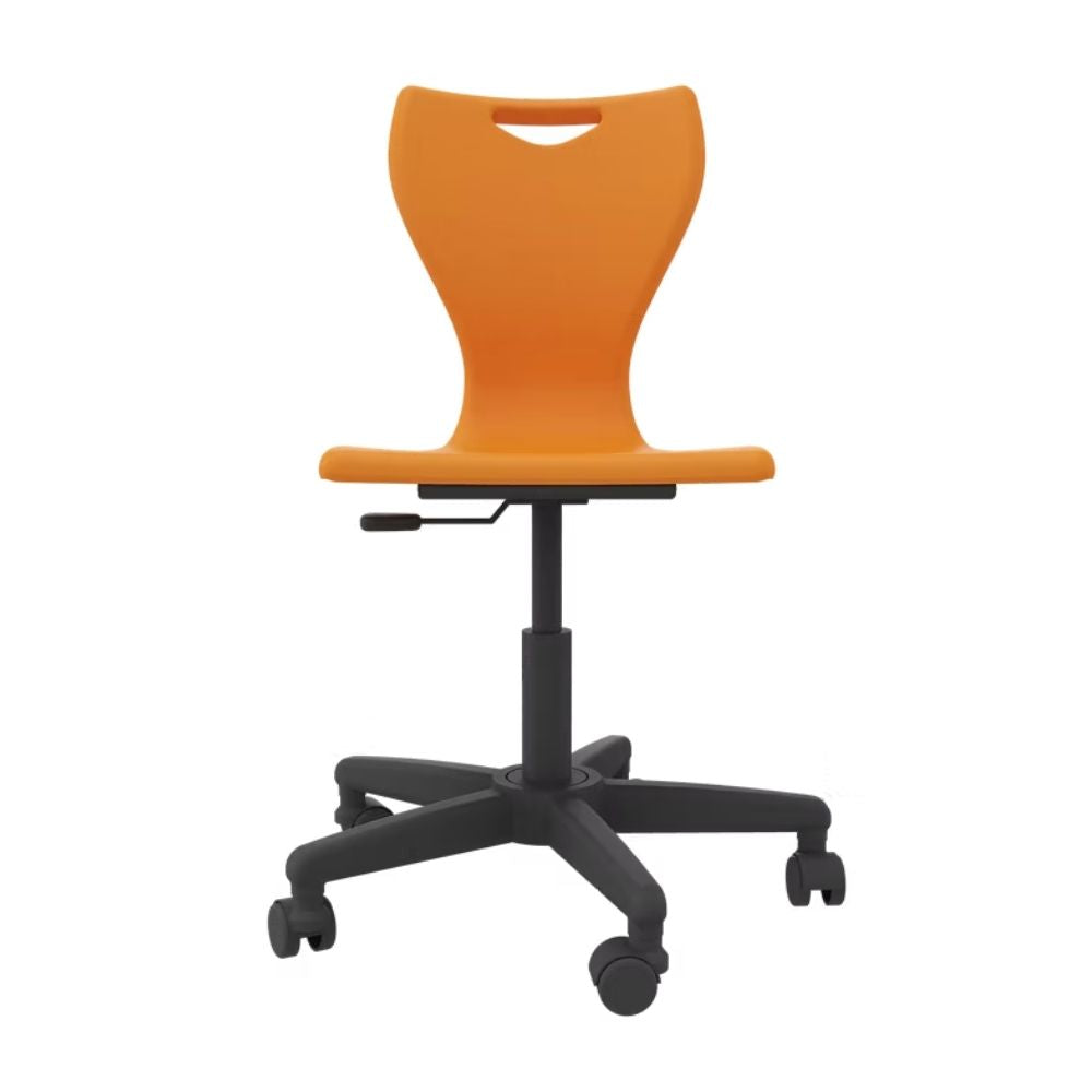 A vibrant orange student computer chair featuring a height-adjustable pneumatic lift and a five-star base with high-grade nylon castors for fluid movement in school ICT suites.