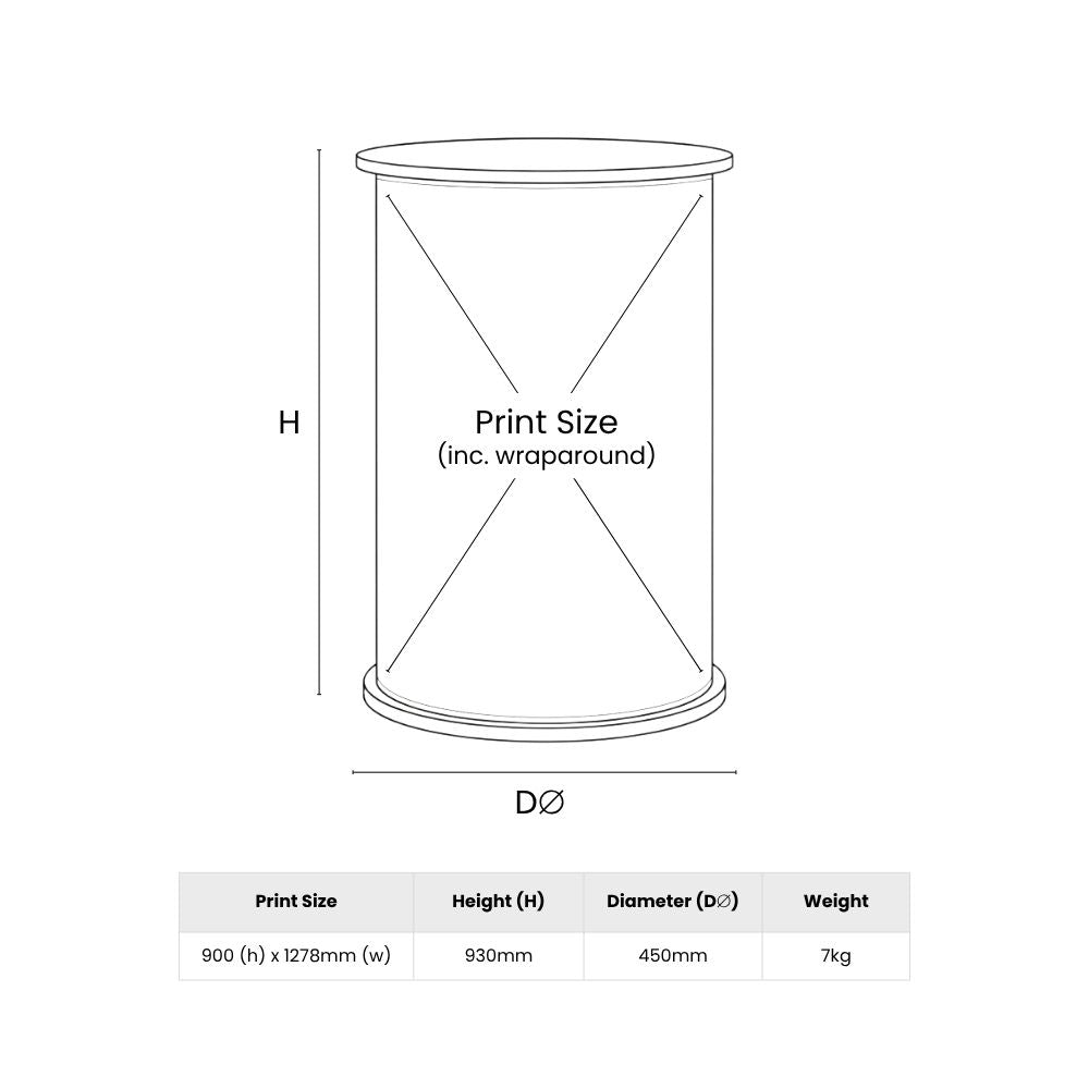 Technical diagram of cylindrical O₂ display counter showing height, diameter, and wraparound print area for event branding and design planning.