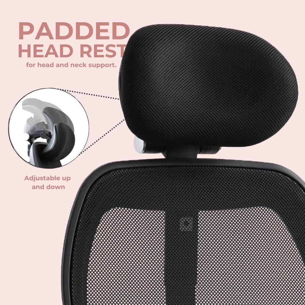 Ergonomic chair with padded headrest and vertical adjustment mechanism. Provides neck and head support for extended seating in offices, classrooms, or meeting spaces.