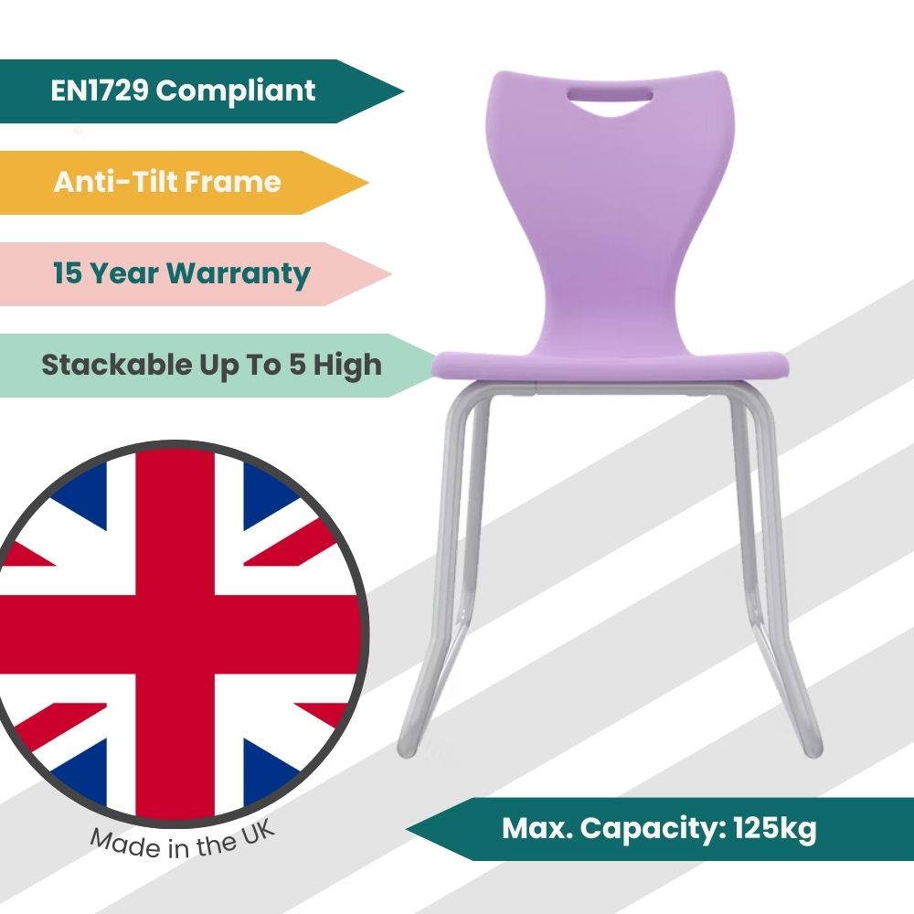 Pastel purple adult-sized student seating with a continuous loop steel frame and anti-tilt runners, perfect for modernised college classrooms and study zones.