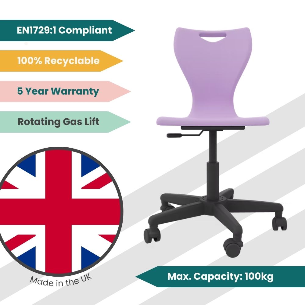 Infographic of a lilac mobile task chair for schools, highlighting its 360-degree rotation, 100% recyclable shell, and 5-year structural warranty.
