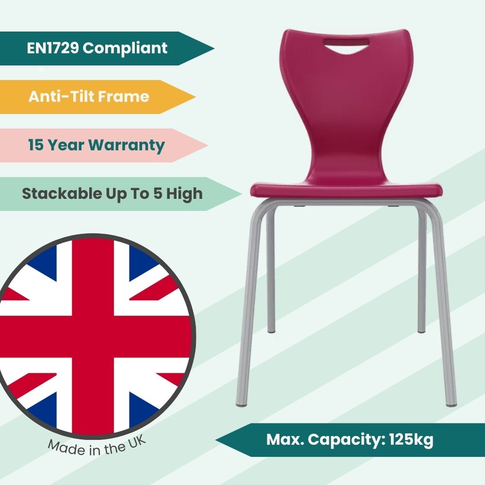 Bright pink classroom seat with a ventilated back design and a resilient grey powder-coat finish on the anti-tip metalwork.