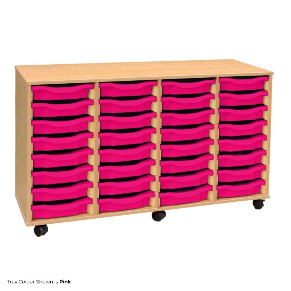 Large wooden school storage unit with four vertical columns of bright pink plastic trays, designed for educational environments and fitted with black castor wheels for mobility.