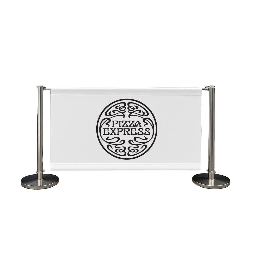 White Pizza Express banner with black logo held between chrome stanchions, ideal for outdoor seating or branded queue control.