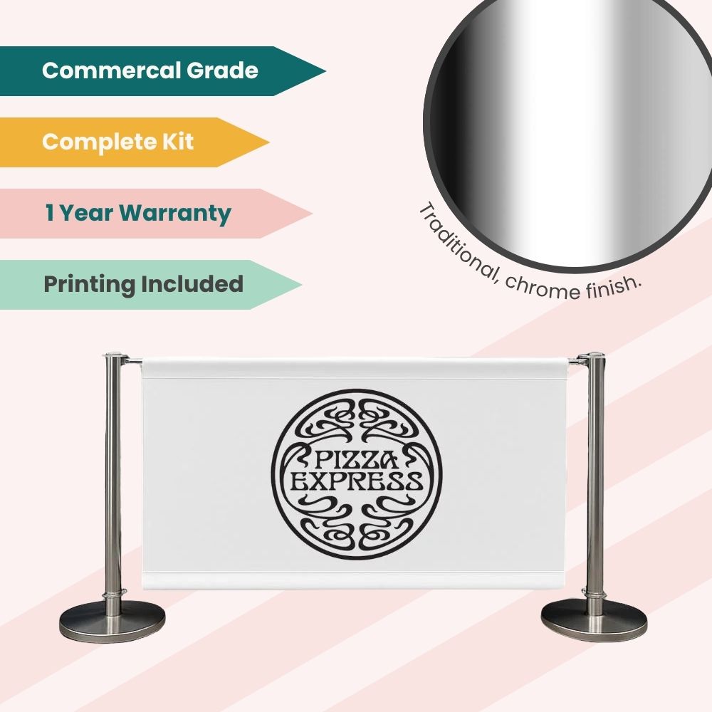 Branded Pizza Express barrier kit with chrome stanchions and printed banner, featuring commercial-grade build and 1-year warranty.