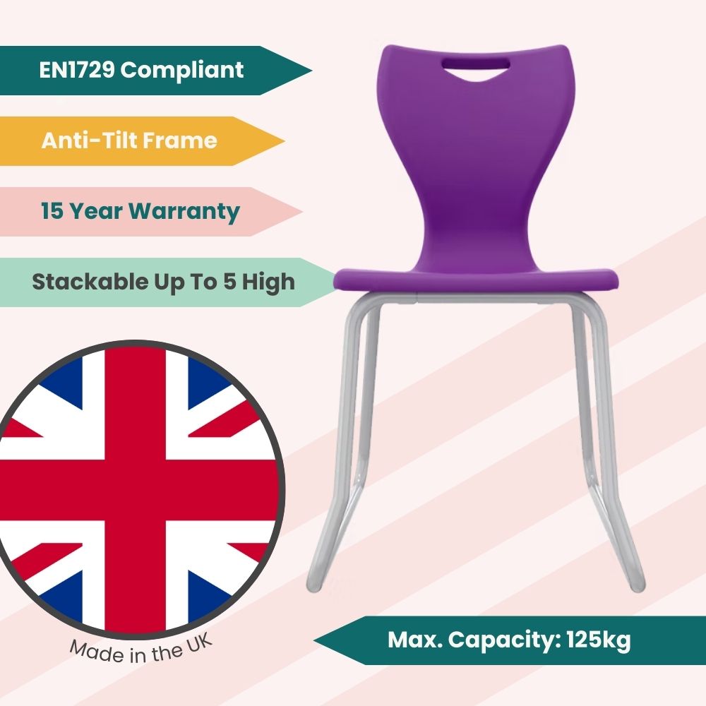 Plum-coloured Size 6 educational chair with rear-angled runners to prevent tilting, featuring a flexible backrest for enhanced student comfort during long study periods.