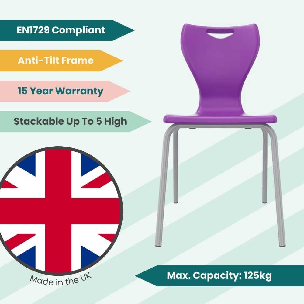 Plum-coloured educational seating featuring a waterfall seat front for circulation and a robust grey metalwork base designed for school stability.