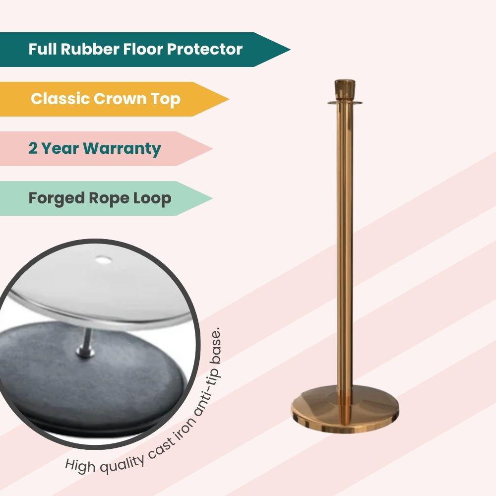 Polished brass metal stanchion with classic crown top and rope loop, built with a stable cast iron base and floor protector.