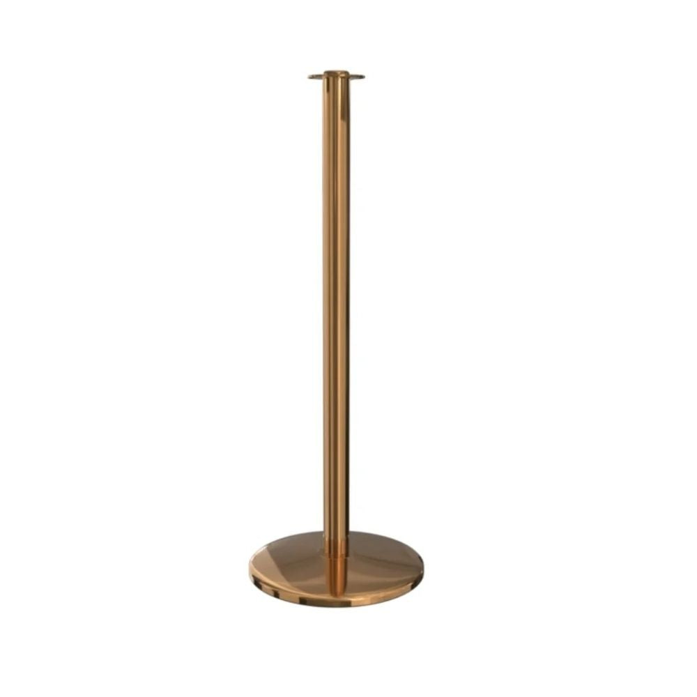 
Polished brass stanchion with rope attachment points and round base, designed for elegant crowd control.
