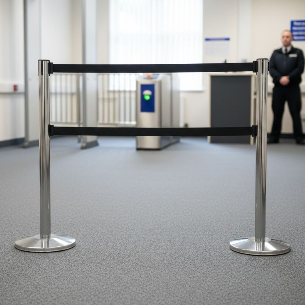Polished steel retractable barrier post with 3.4m twin black belts for high security queue control in a secure entrance area with turnstiles and security staff in the background.