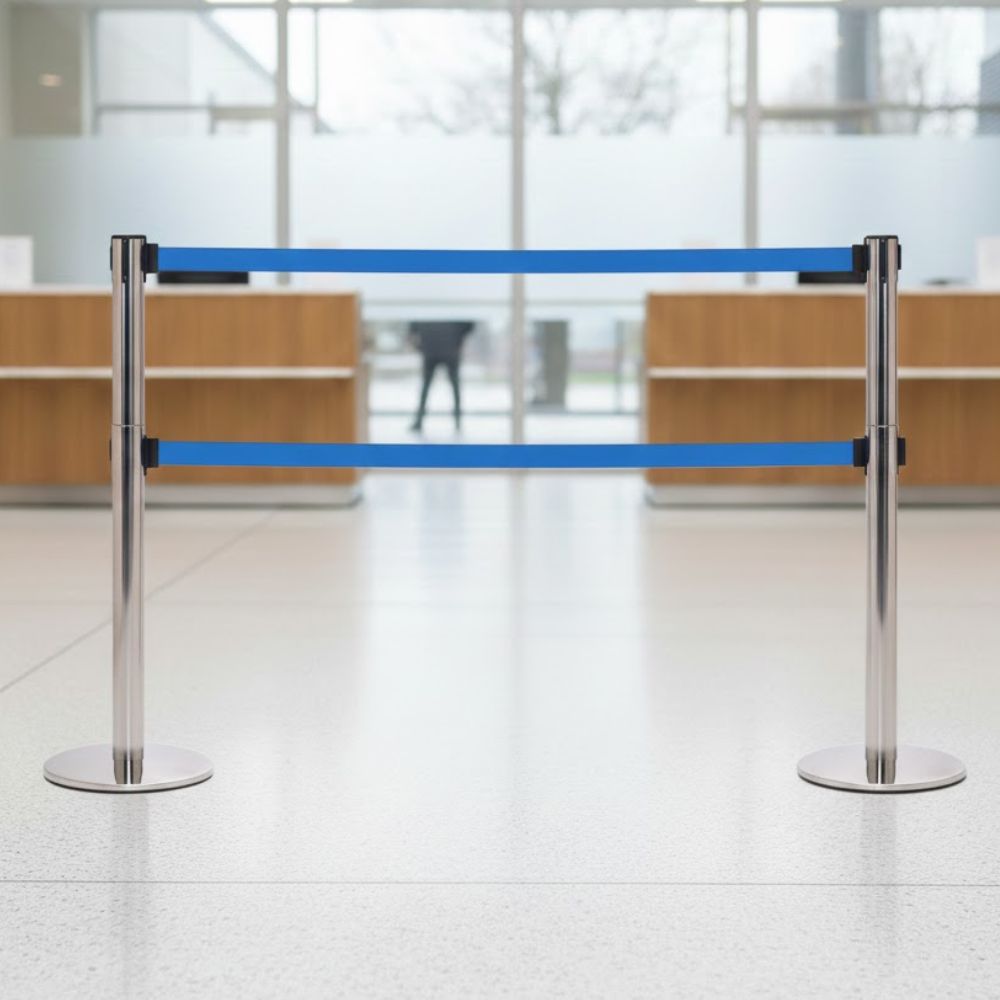 Polished steel retractable barrier post with 3.4m twin blue belts for high security queue management in a modern reception area with large windows and desks in the background.