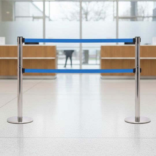 Polished Steel Retractable Barrier (3.4m Twin Blue Belt) | High Security Queue Post