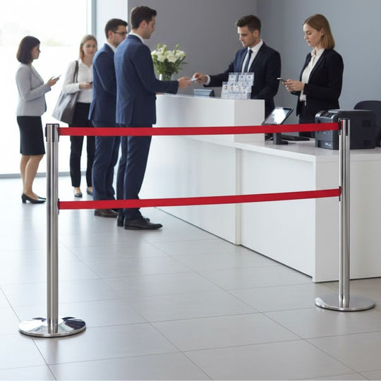 Polished Steel Retractable Barrier (3.4m Twin Red Belt) | High Security Queue Post