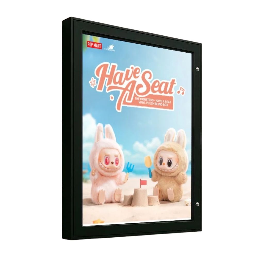 Pop Mart poster with bunny-costumed characters building a sandcastle, promoting collectible vinyl figures.
