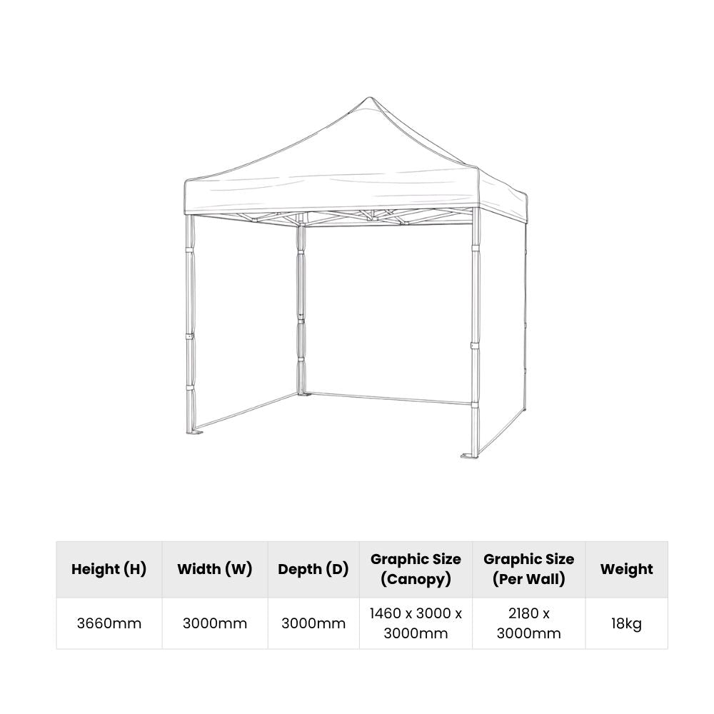 Line drawing of outdoor canopy tent with labelled height, width, depth, and graphic dimensions for canopy and wall panels, designed for event use.