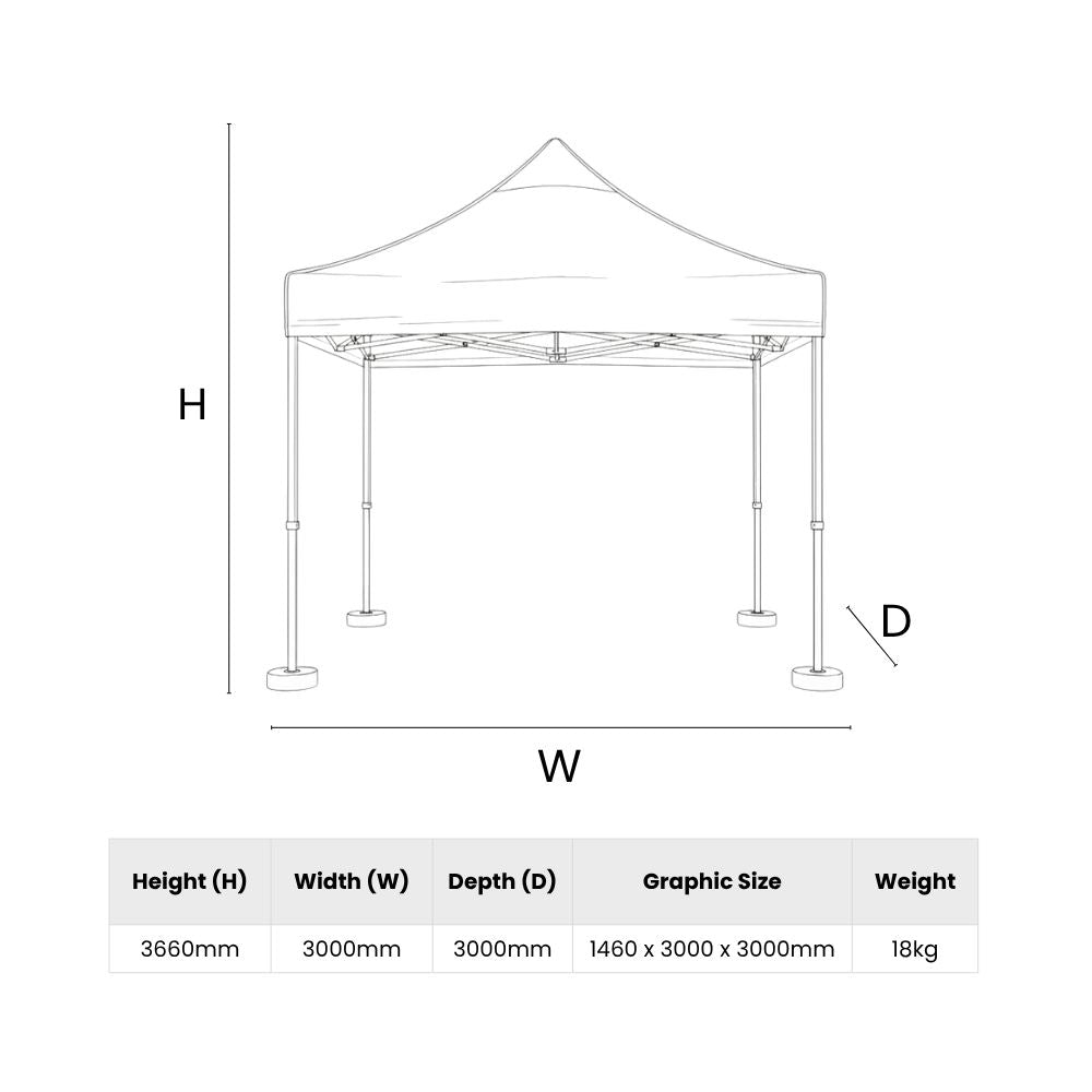Line drawing of canopy tent with labelled dimensions and graphic size details, designed for outdoor events and branded setups.