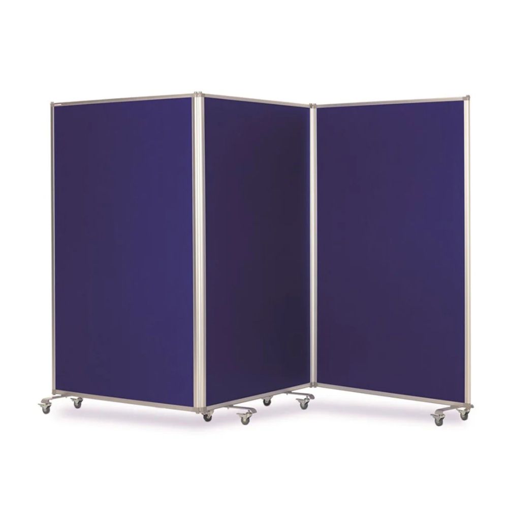 Folding blue divider with caster wheels and hinged panels, ideal for temporary classroom separation.