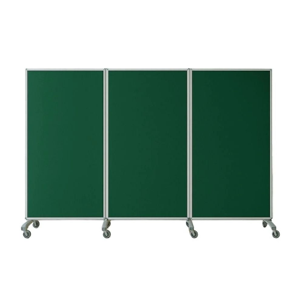Green three-panel divider with wheels and straight alignment, designed for adaptable space management.