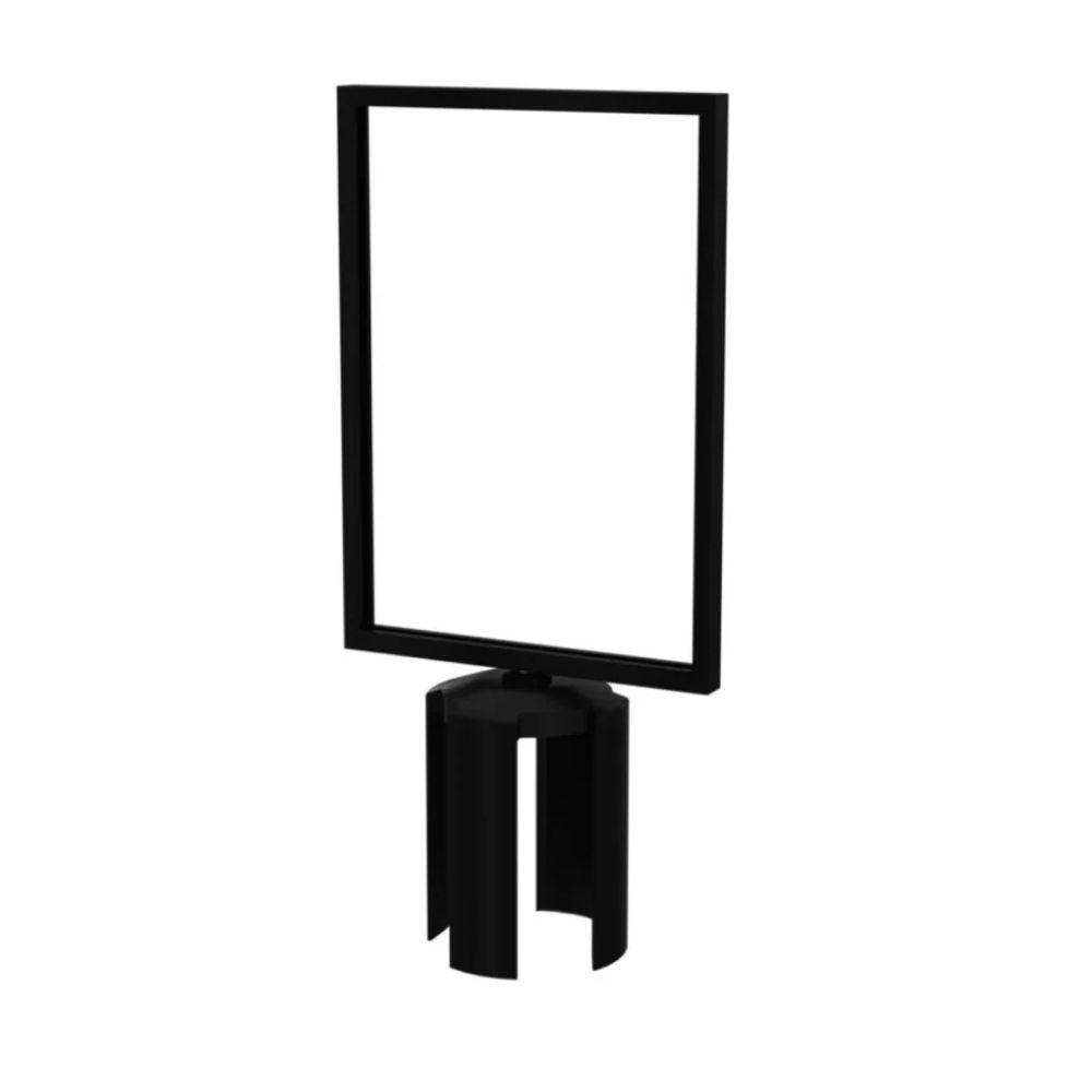 Upright portrait sign holder with cutout base, designed for barrier-mounted signage in busy environments.