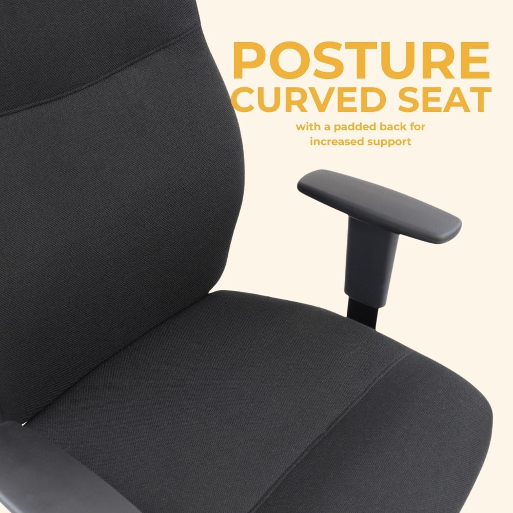 Ergonomic chair with posture-curved seat and padded backrest designed to improve lumbar support. Black finish with armrest shown, suitable for staffrooms, training areas, or extended desk use.