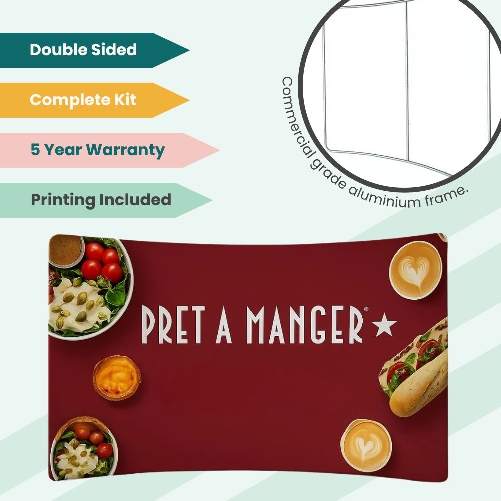 Pret A Manger branded display with curved backdrop, food imagery, and commercial-grade aluminium frame, featuring double-sided printing and 5-year warranty.