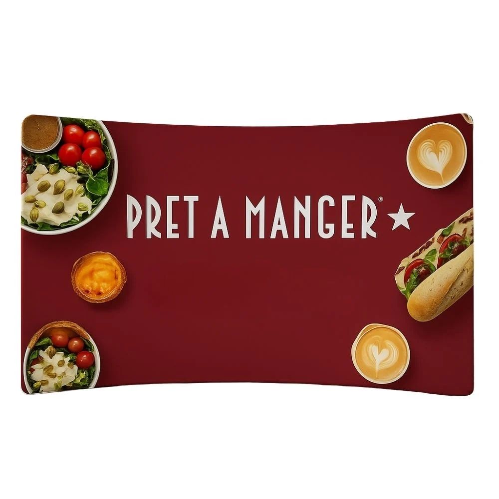Pret A Manger promotional banner with maroon background, white logo, and assorted food items including salad, pasta, coffee, and sandwich.