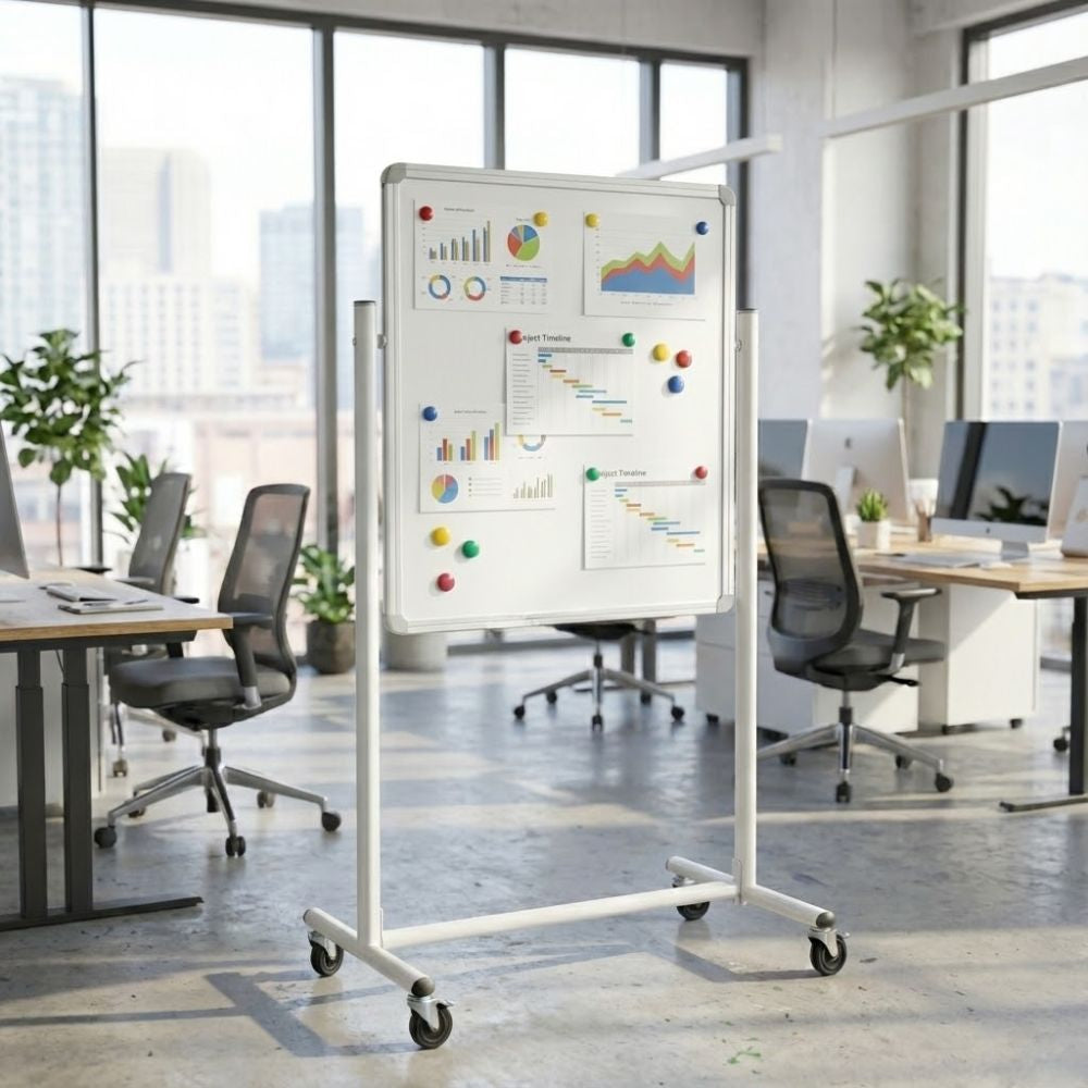 A magnetic whiteboard displaying multiple printed project timelines and data charts, placed in a bright open-plan office with modern furnishings.