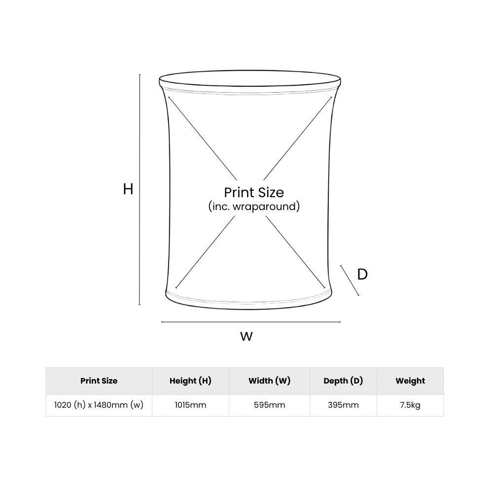 Technical diagram of cylindrical display counter showing height, width, depth, and wraparound print area for event branding.