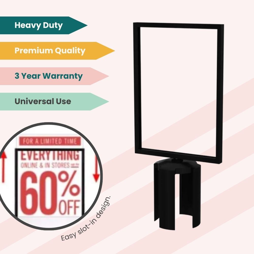 Portrait display stand with “60% OFF” promo insert and slot-in frame, ideal for retail queue barriers.