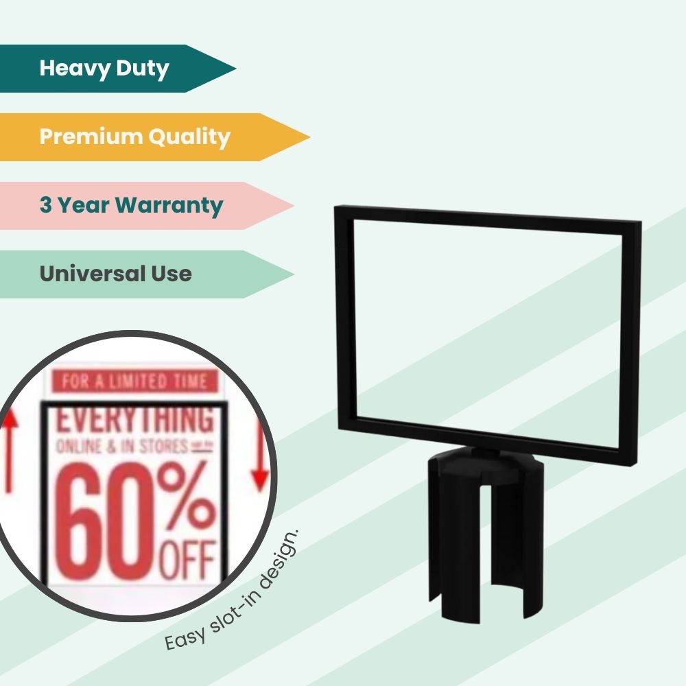Retractable barrier sign holder with “60% OFF” promo insert and slot-in frame, designed for retractable queue barriers.