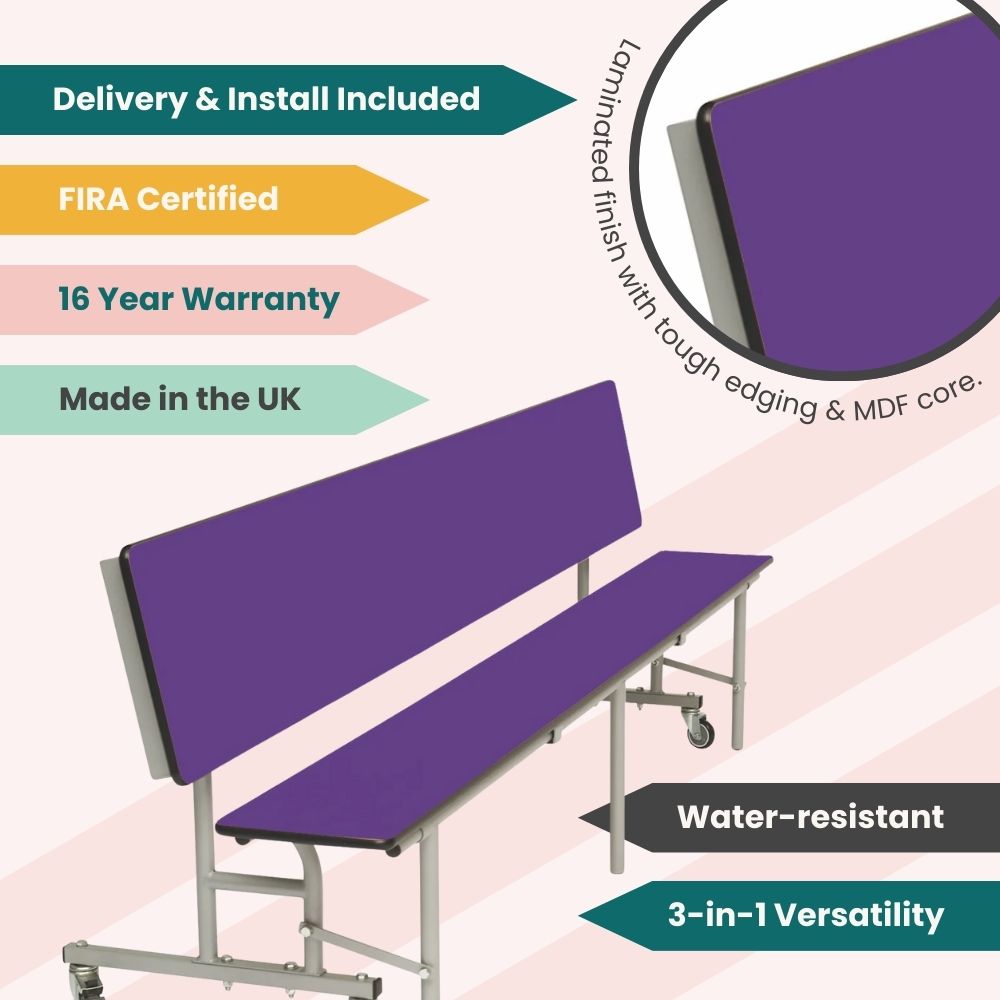 Purple 3-in-1 canteen bench unit with laminated MDF core and tough edging, FIRA certified, water-resistant, 16-year warranty, delivered fully assembled and made in the UK.