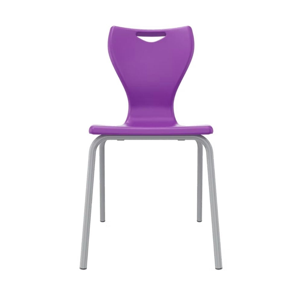 A deep purple academy student chair with a scuff-resistant plastic seat and integrated tilt-control rear legs for enhanced classroom safety.
