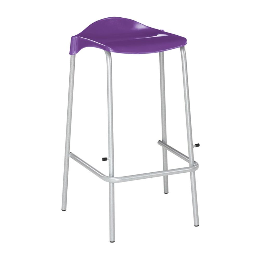 
Purple plastic bar stool with curved seat and silver legs, designed for ergonomic comfort and stacking.
