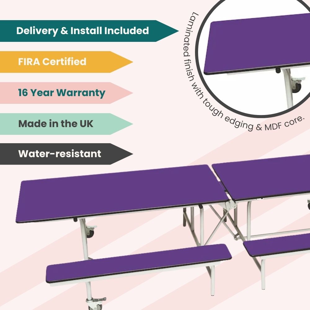 Purple folding school canteen bench table with laminated surface, water-resistant build, and UK manufacturing guarantee.