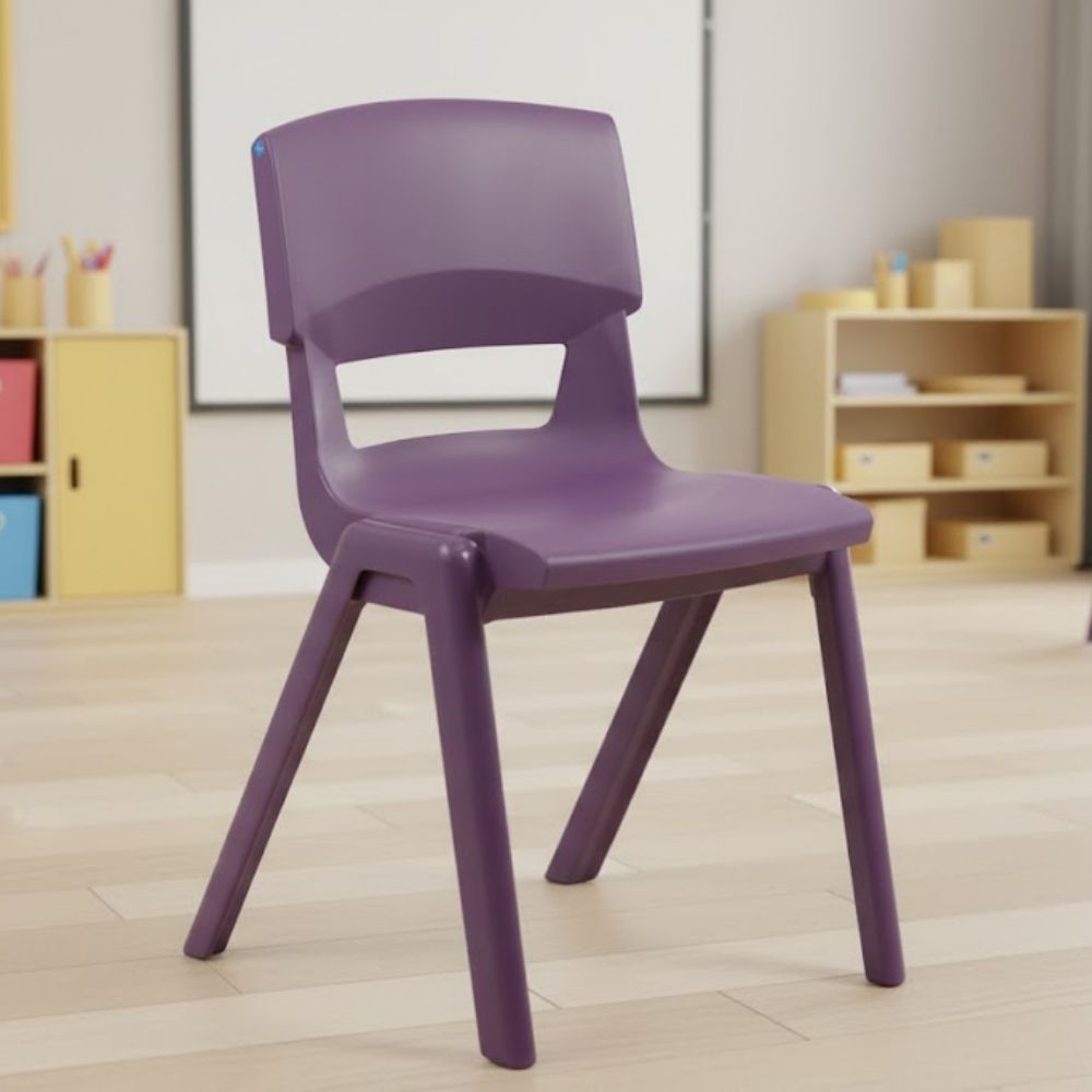 A purple plastic chair in an early years learning space, set on a light wooden floor with educational storage and a large whiteboard.