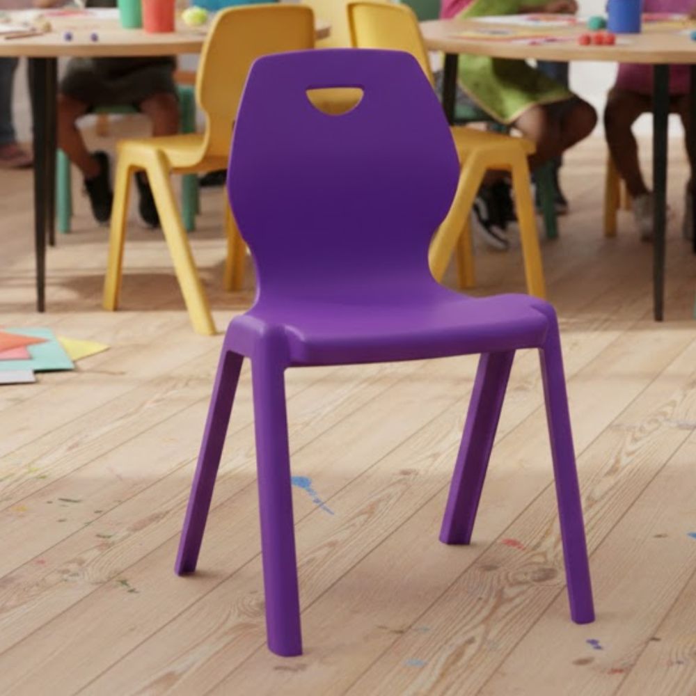 Purple plastic chair with curved backrest and top handle cutout, designed for early years classroom use.