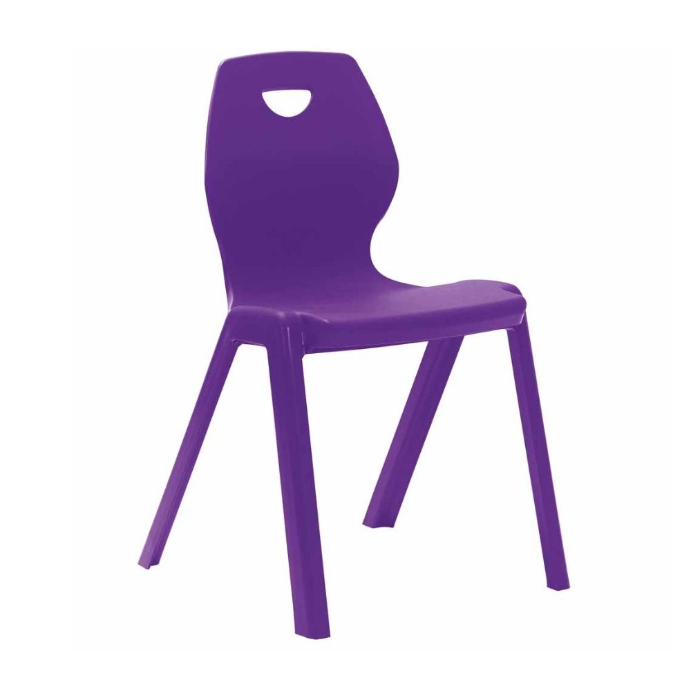 Purple plastic chair with integrated handle slot and contoured backrest, ideal for classroom environments.